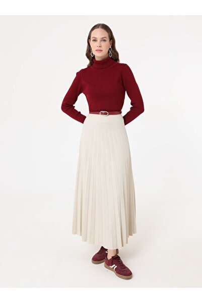Refka Crepe Fabric Pleated Classic Skirt - Stone Color -