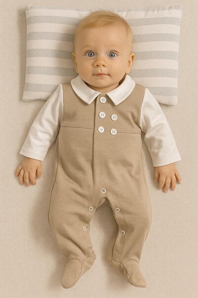 RAPAPA Baby Boy Beige Classic Romper – Stylish Cotton with Shirt Collar and Buttons 128669