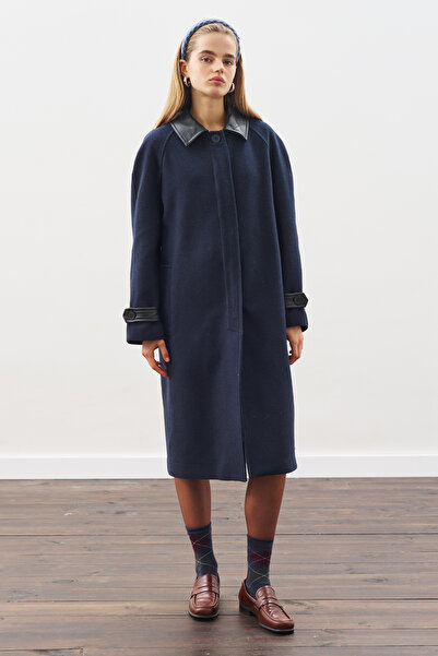 Manuka Leather Detail Coat with Embroidered Detailing, Navy Blue