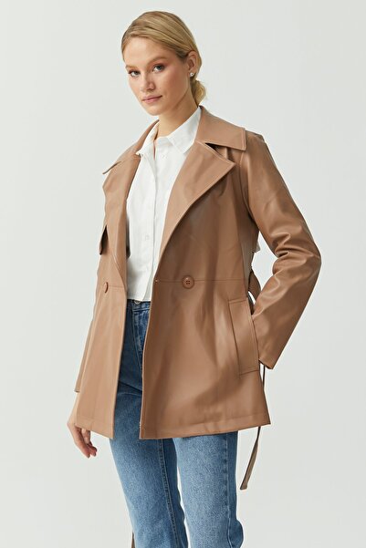 PAULMARK Women's Belted Short Faux Leather Trench Coat