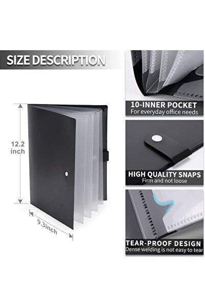 Cesil 10-Pocket A4 Project File Folder with Snap Closure (Black)