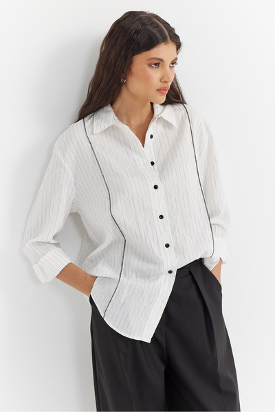 PAULMARK Kadın Dikiş Detaylı Çizgili Gömlek