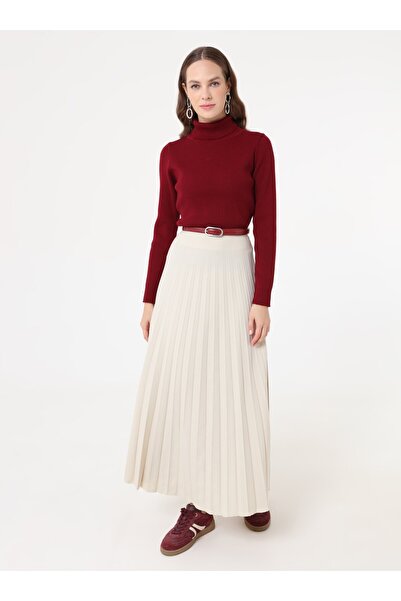 Refka Crepe Fabric Pleated Classic Skirt - Stone Color -