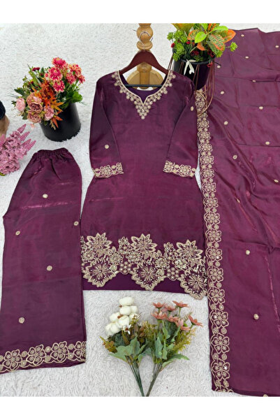 MYSMAR جيمي تشو أرجواني سلوار قميص ودوباتا حرير - HRT5337 | بنفسجي