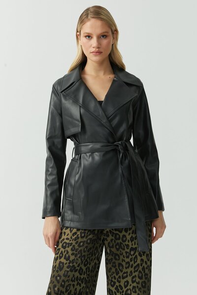 PAULMARK Women's Belted Short Faux Leather Trench Coat