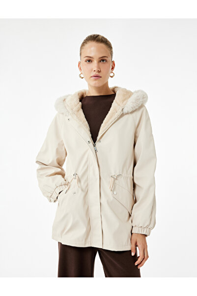 Koton Hooded Anorak Coat with Fleece Lining, Pockets, Detachable Faux Fur Accessory Detail