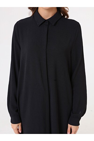 Refka Shirt Collar Long Hijab Tunic - Black -