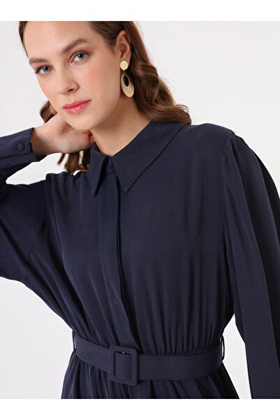 Refka Modal Fabric Belt Detailed Hijab Dress - Navy Blue -