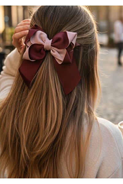 bonbela Bordo&Pembe Renk Detaylı Çift Katlı Premium Saç Tokası - Kurdele Toka