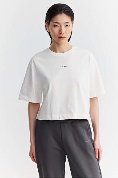 PAULMARK تي شيرت نسائي قصير مطبوع عليه حروف