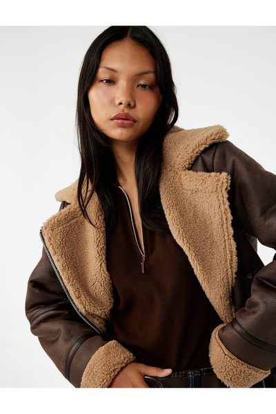 Koton Jachetă de motociclist aspect de piele cu buzunare și fermoar din blană artificială