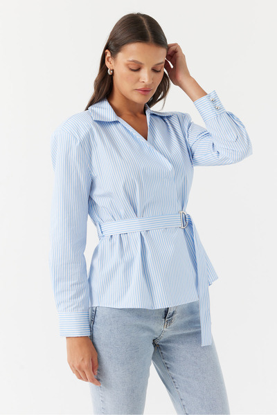 PAULMARK Kadın Kalın Çizgili Tokalı Kemerli Gömlek