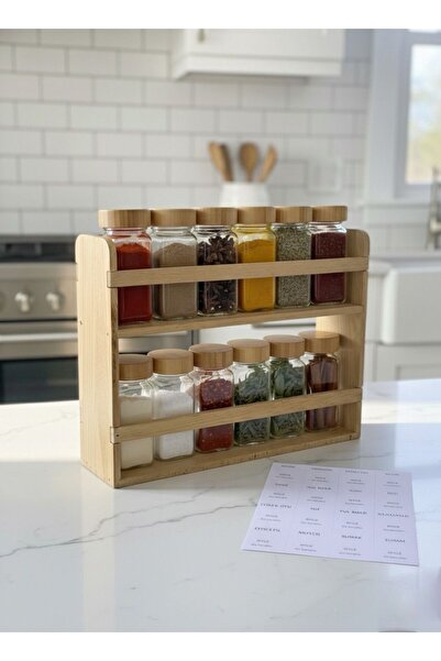 Kitchen Life 13 Piece Glass Spice Jar Set with Wooden Stand and Bamboo Lid 120 Ml-12 Pieces + 1 Spice Jar Set with Stand