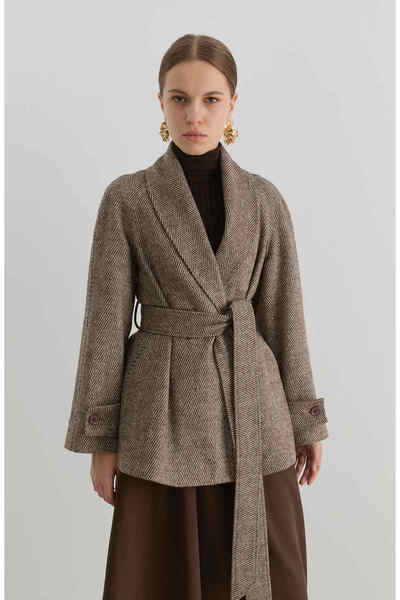 Fatma Atasoy Kruvaze Sütlü Kahve Balıksırtı Midi Ceket Kaban