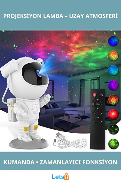 Letsii Astronot Tasarımlı Galaksi Projeksiyon Lambası Kumandalı Zamanlayıcı ile