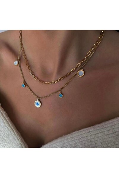 ZERVA QUEEN قلادة من الفولاذ المزدوج مع خرز عين الشر