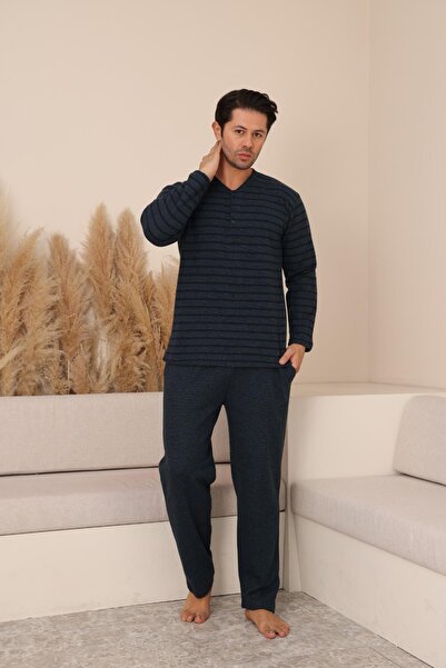 Kompedan Erkek Selanik Önü Patlı Pamuklu Pijama Takımı | Petrol Mavisi 627