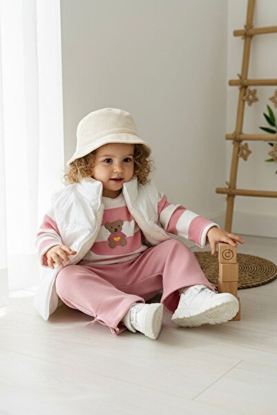 Minigimin Cicileri My Little One's Little Ones Inflatable Set with Bow Detail, Vest Set Teddy Bear Patterned Baby Girl Set of 3 - Salmon