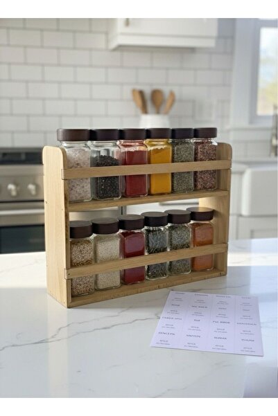 Kitchen Life 13 Piece Glass Spice Jar Set with Wooden Stand and Acacia Lid 120 ml 12 Pieces + 1 Spice Jar Set