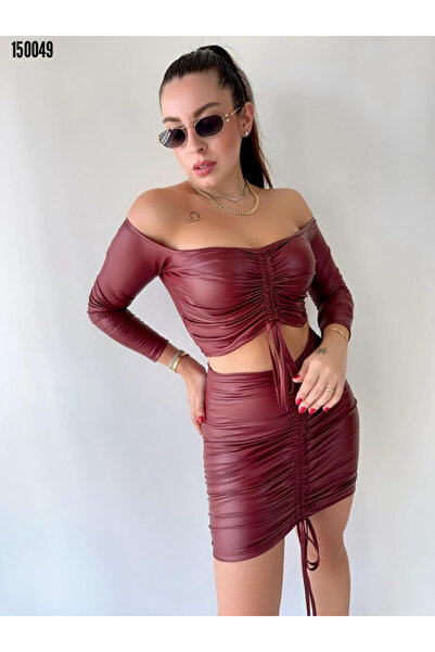 moda wanilia Women's Ruched Detail Leather Skirt Set