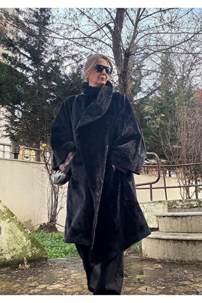 Retrokare Siyah İthal Oversize İnce Peluş Palto