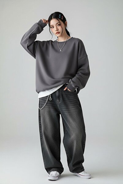 Karakedi Plain Smoked Medium Thickness Fabric Oversize Unisex Sweatshirt