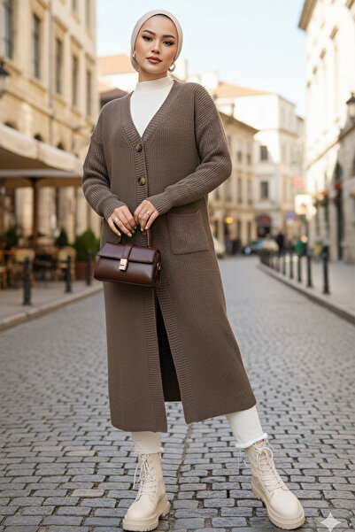 benguen Μακρύ πλεκτό ζακέτα με τσέπες R2892 Mink