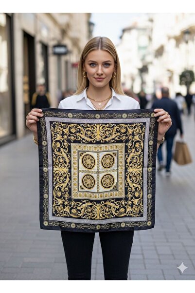 Axesoire 14835 Gold Desenli Siyah Bandana Fular 70x70 cm