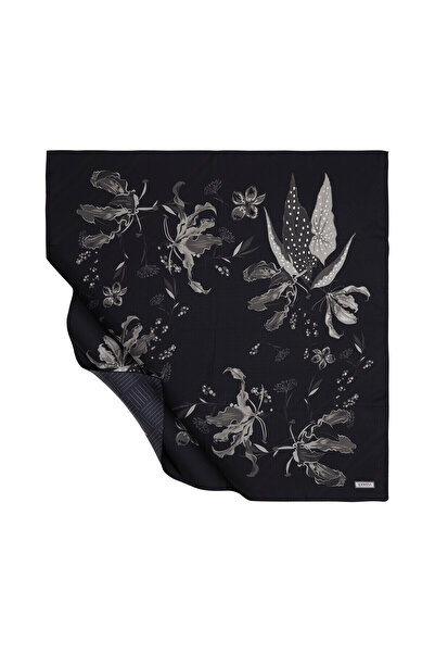 ipekevi Eșarfă neagră din mătase Tivil cu flori sălbatice