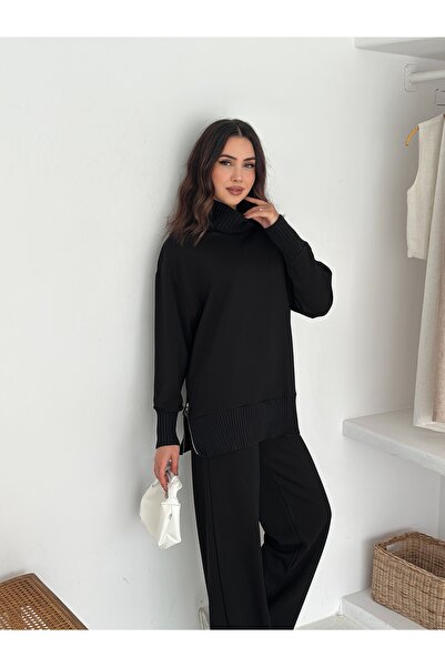 TheyYou ψηλός λαιμός Πλεκτό Μπλουζάκι με Λεπτομέρεια Πλεκτομηχανής και Πλαϊνό Φερμουάρ oversized Μαύρο – Μπλουζάκι με ψηλό λαιμό και πλεκτό διακοσμητικό στολισμό