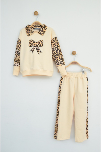 zubi baby & kids wear Cream Color Leopard Detailed Collar and Bow Girl's Set