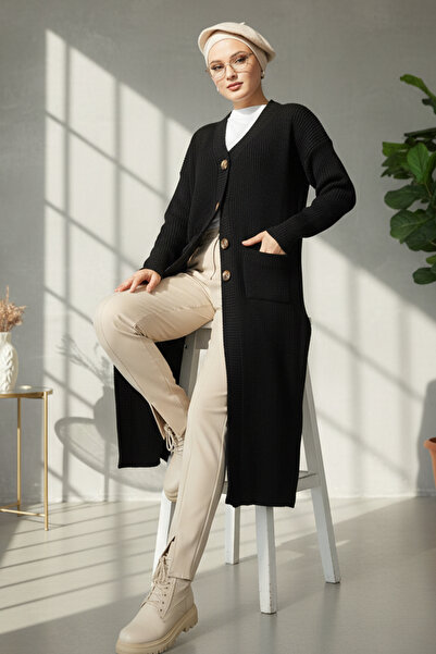benguen Long Knit Cardigan with Pockets R2892 Black