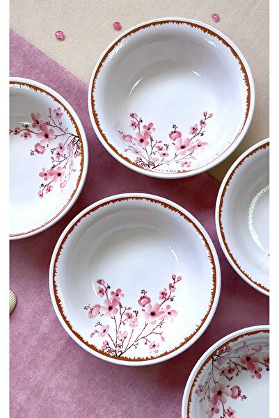 Erbaşlar Luxury Sakura Pattern Ceramic Soup Set for 6 People (16.5 cm)