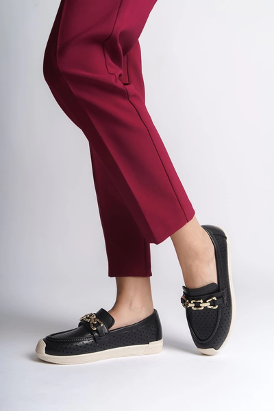 Joy Ayakkabı Layla laceless orthopedic comfortable sole heart patterned women's flat shoes ckt - black