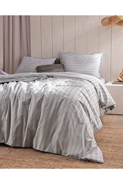 Madame Coco Atlas Home Melicia Double Cotton Striped Satin Duvet Cover Set - Gray