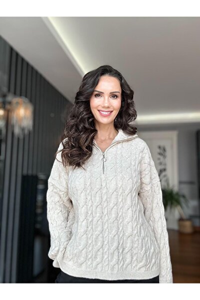 Atelier Derin Ecru Zippered Hair Knit Sweater