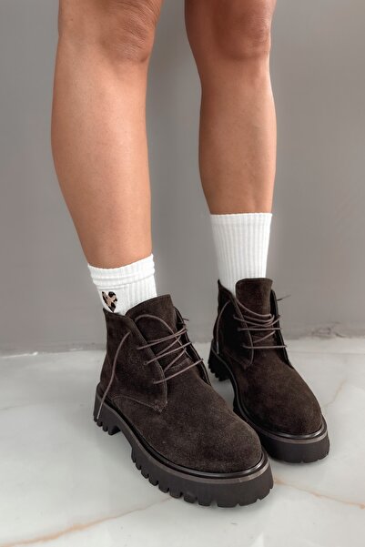 Shoebutik Shopia Bitter Brown Suede Genuine Leather Women's Boots