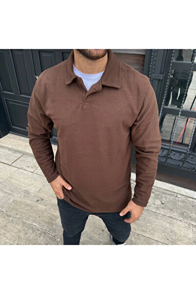 MODA Men's Corded Fabric Fleece Sweatshirt – Buttonless Polo Collar, Oversized Comfortable Fit, Thick Fleece Fabric, Winter Season