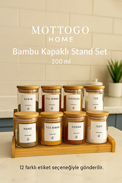 Mottogo 8-Piece Vacuum Spice Container Set 200 ml – Bamboo 2-Tier Ladder Stand Included