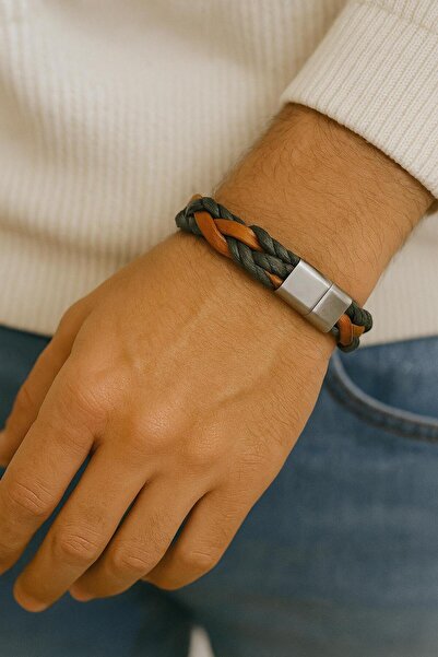 Herşey Nota Tan and Khaki Mixed Color Genuine Leather Braided Men's Bracelet |   Modern Design with Magnetic Metal Buckle