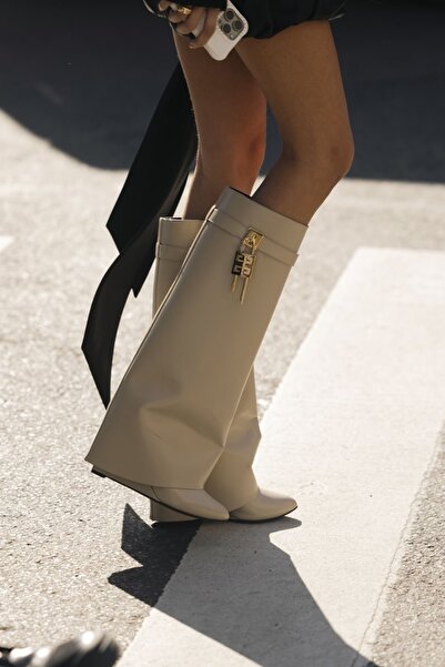 MYVOLANTE Cream Dust Cover Detailed Wedge Heel Women's Boots