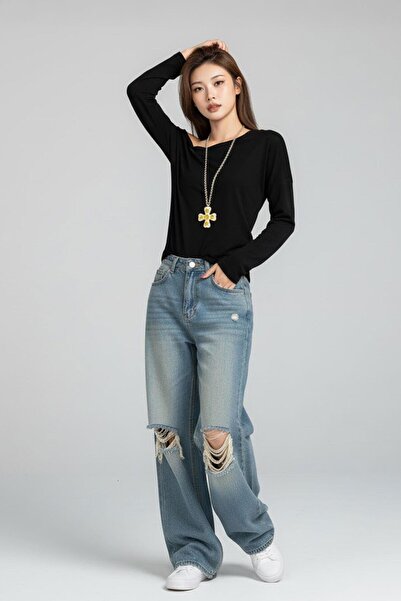 Karakedi Black Off-Shoulder Y2K Long Sleeve T-Shirt