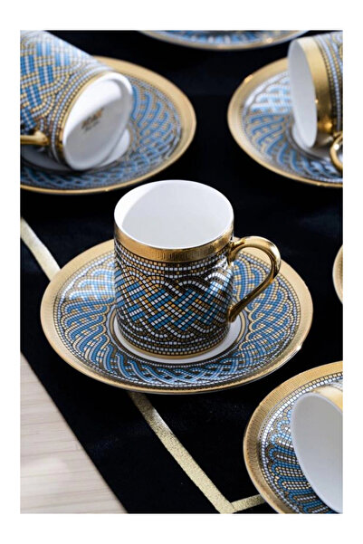 ACAR HXF8435 Gold-Mavi Desenli Porselen Kahve Seti 6'lı