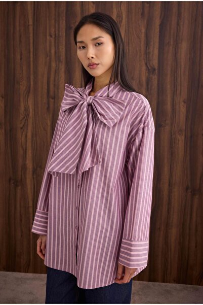 HEQA Bow Detailed Shirt Burgundy Stripe