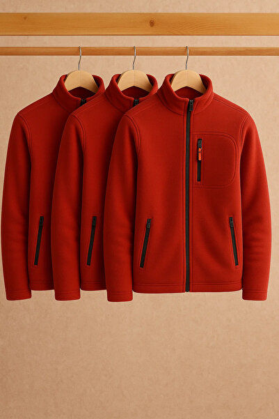 COMBİNE MİCHAİL Men's Zippered Loose Red 3-Piece Sweatshirt