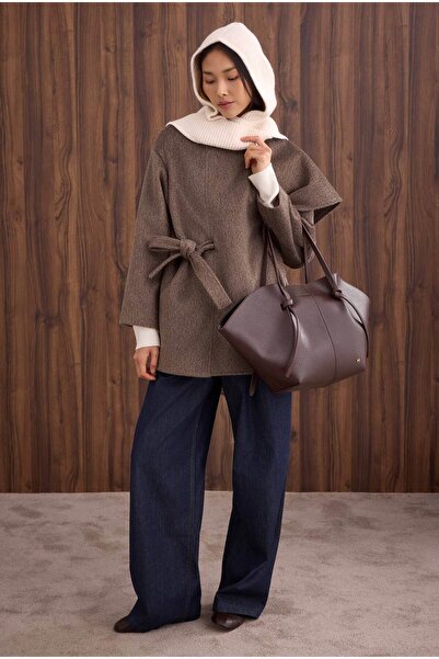 HEQA Palton cu guler șal cu curea maro