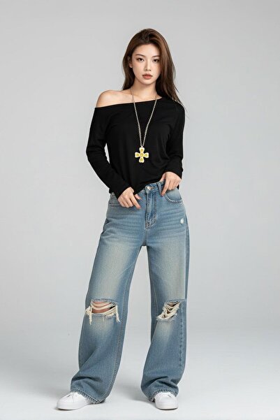 Karakedi Black Off-Shoulder Y2K Long Sleeve T-Shirt