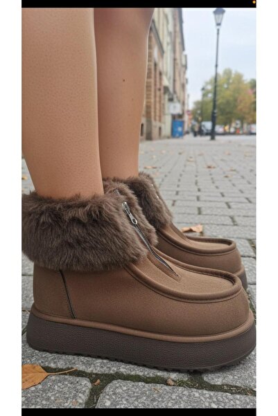 markomix Kadın Kahverengi Önden Fermuarlı Kalın Tabanlı İçi Kürklü Bot