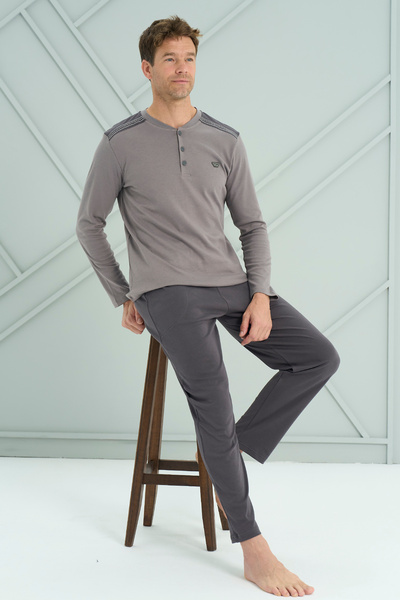 REMSA Plus Size Men's Interlock Combed Cotton Long Sleeve Pajama Set 2203 Gray