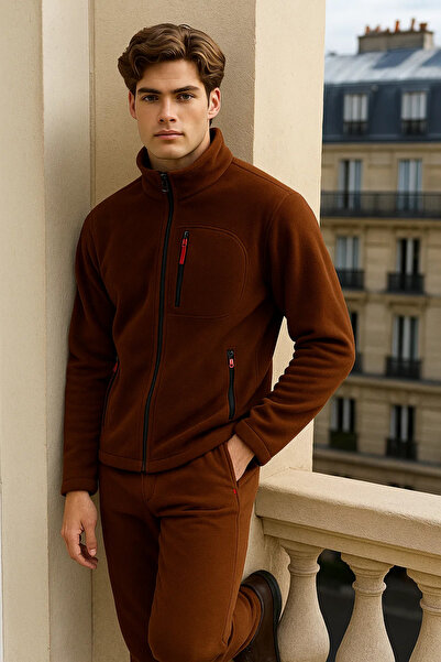 COMBİNE MİCHAİL Men's Zippered Casual Brown 3-Piece Sweatshirt